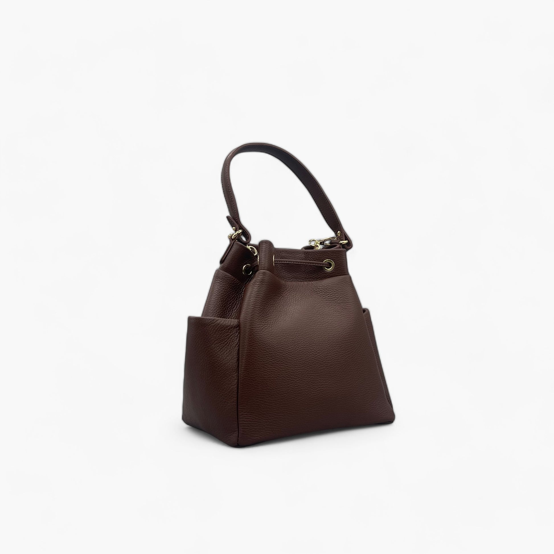 Elegant deep brown leather pouch bag with gold hardware, spacious interior, additional shoulder strap, Noirblanc No. 280.